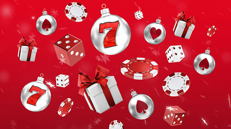 Fliegender Christbaumschmuck, Jetons und Weihnachtsgeschenke auf rotem Hintergrund