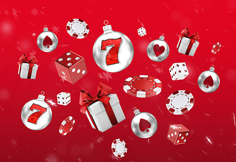 Fliegender Christbaumschmuck, Jetons und Weihnachtsgeschenke auf rotem Hintergrund