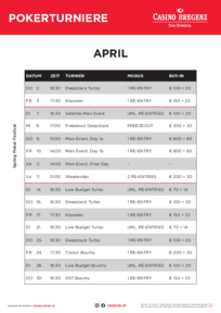 Casino Bregenz Turnierplan April 2026 