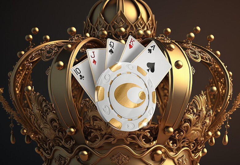 Goldene Krone im Hintergrund auf bräunlicher Fläche, davor großer weißer Jeton mit aufgefächerten Pokerkarten dahinter