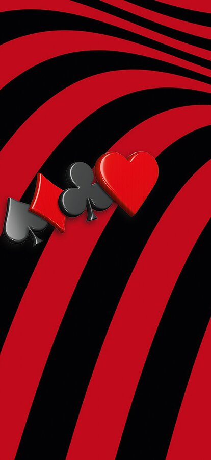 Lucky Weeks: 4 Spielkarten-Symbole auf rot-schwarz-gestreiftem Hintergrund von links nach rechts Pik, Karo, Kreuz, Herz