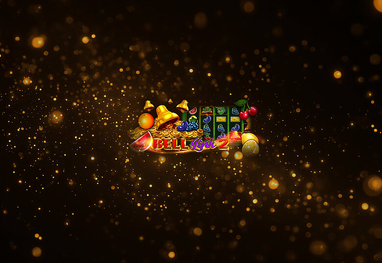 Bell Link 2 Spielautomaten mit goldenen Glocken und Münzen, Frucht-Symbolen auf blurring Hintergrund