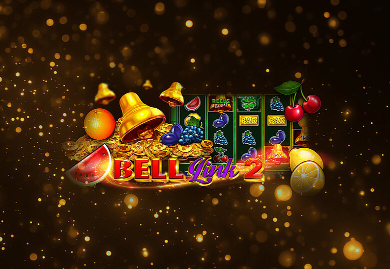 Bell Link 2 Spielautomaten mit goldenen Glocken und Münzen, Frucht-Symbolen auf blurring Hintergrund