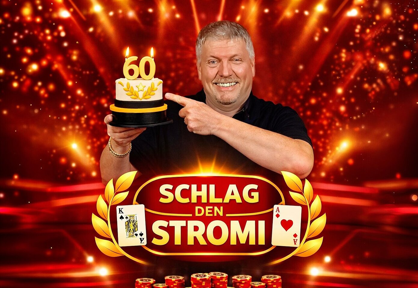 Der Pokerspieler Stromi hält eine Geburtstagstorte in der Hand