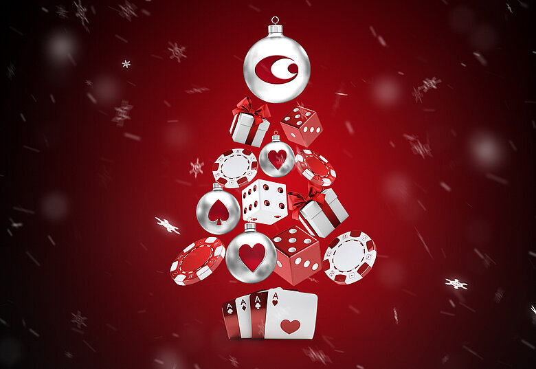 Casinos Austria Weihnachtsbaum aus Jetons, Würfeln, Karten, Christbaumschmuck und Geschenken