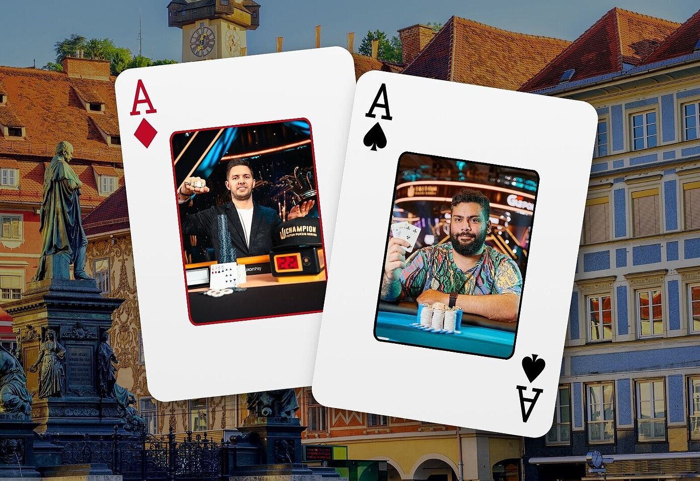 zwei Spielkarten mit den Pros Matthias Eibinger und Daniel Rezae