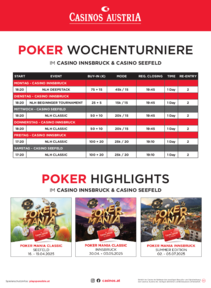 Turnierplan Casino Innsbruck und Casino Seefeld, März bis April 2025