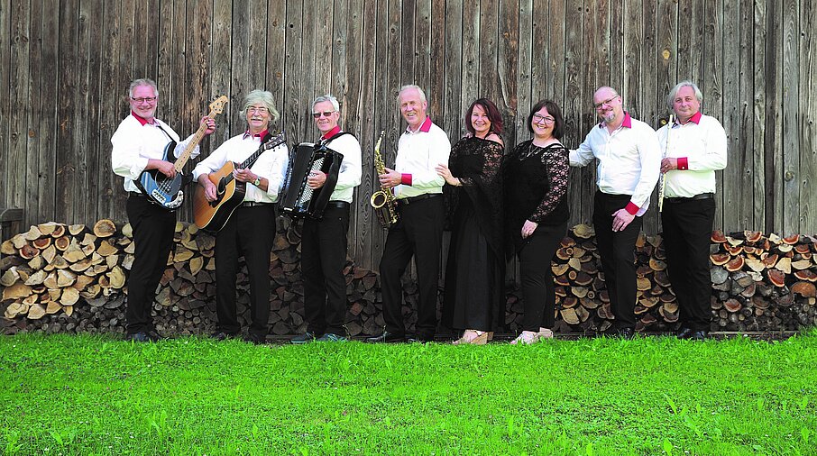 Musiker stehen mit Instrumenten auf einer Wiese
