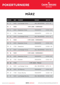 Casino Bregenz Turnierplan 2026 