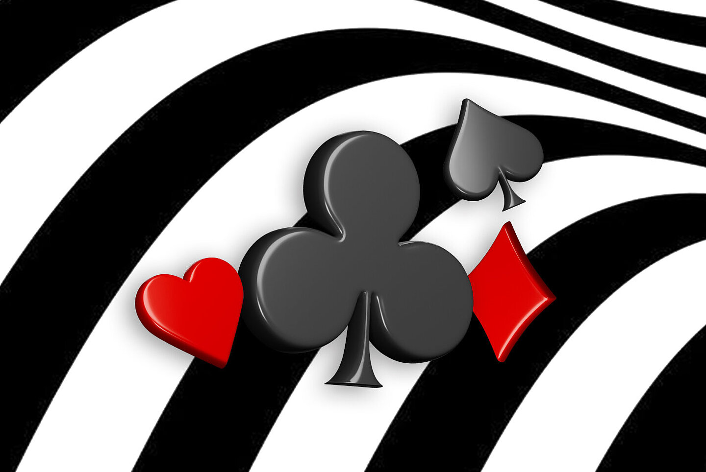 Lucky Week Four: 4 Spielkarten-Symbole auf rot-schwarz-gewellt-gestreiftem Hintergrund von links nach rechts Herz, Kreuz, Karo, Pik