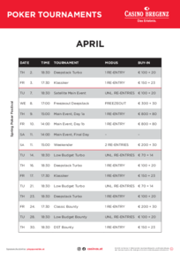Casino Bregenz Turnierplan April 2026 