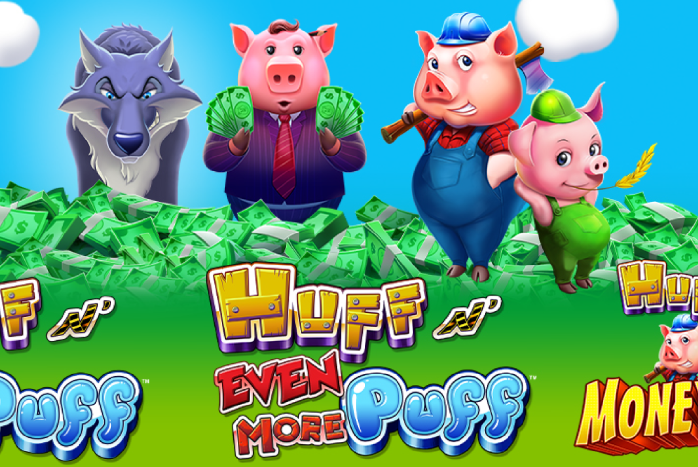 Huff'n even more Puff Automatenspiel Screen mit Schweinchen und Wolf