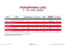 Turnierplan für die Pokermania Linz Mai 2025