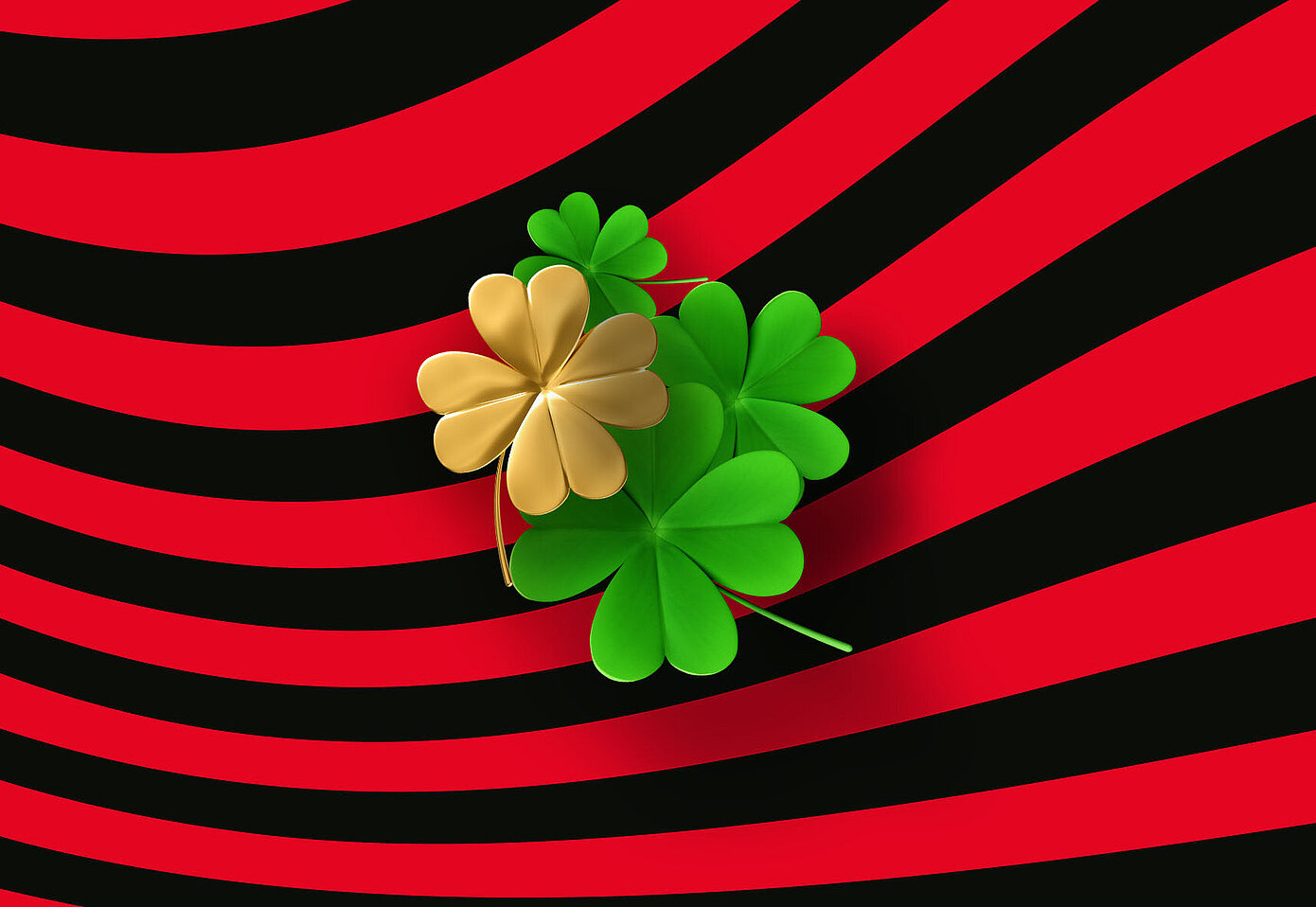 3 grüne und 1 goldenes Kleeblatt rot-schwarzem gestreiftem Hintergrund-Muster