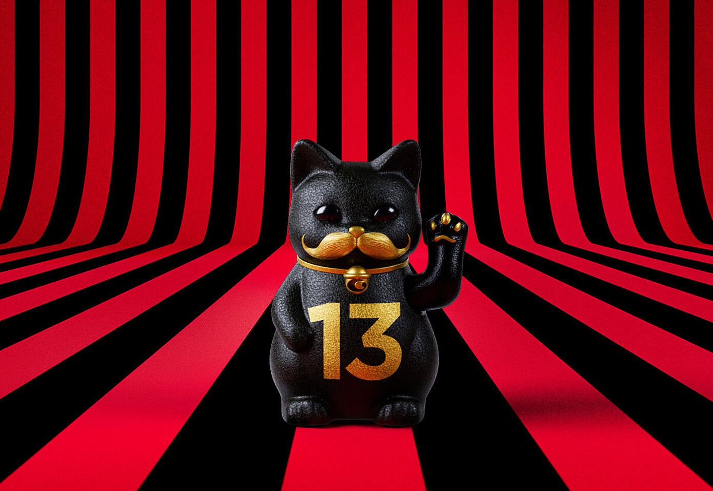 13er Glückskatze mit Moustache auf rot-schwarz-gestreiftem Hintergrund