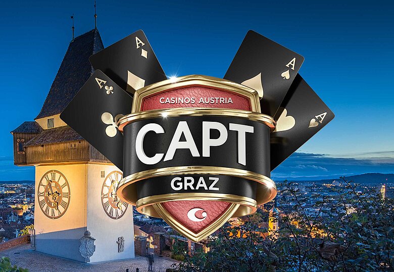 Casinos Austria Poker Tour Logo vor der Uhrturm in Graz