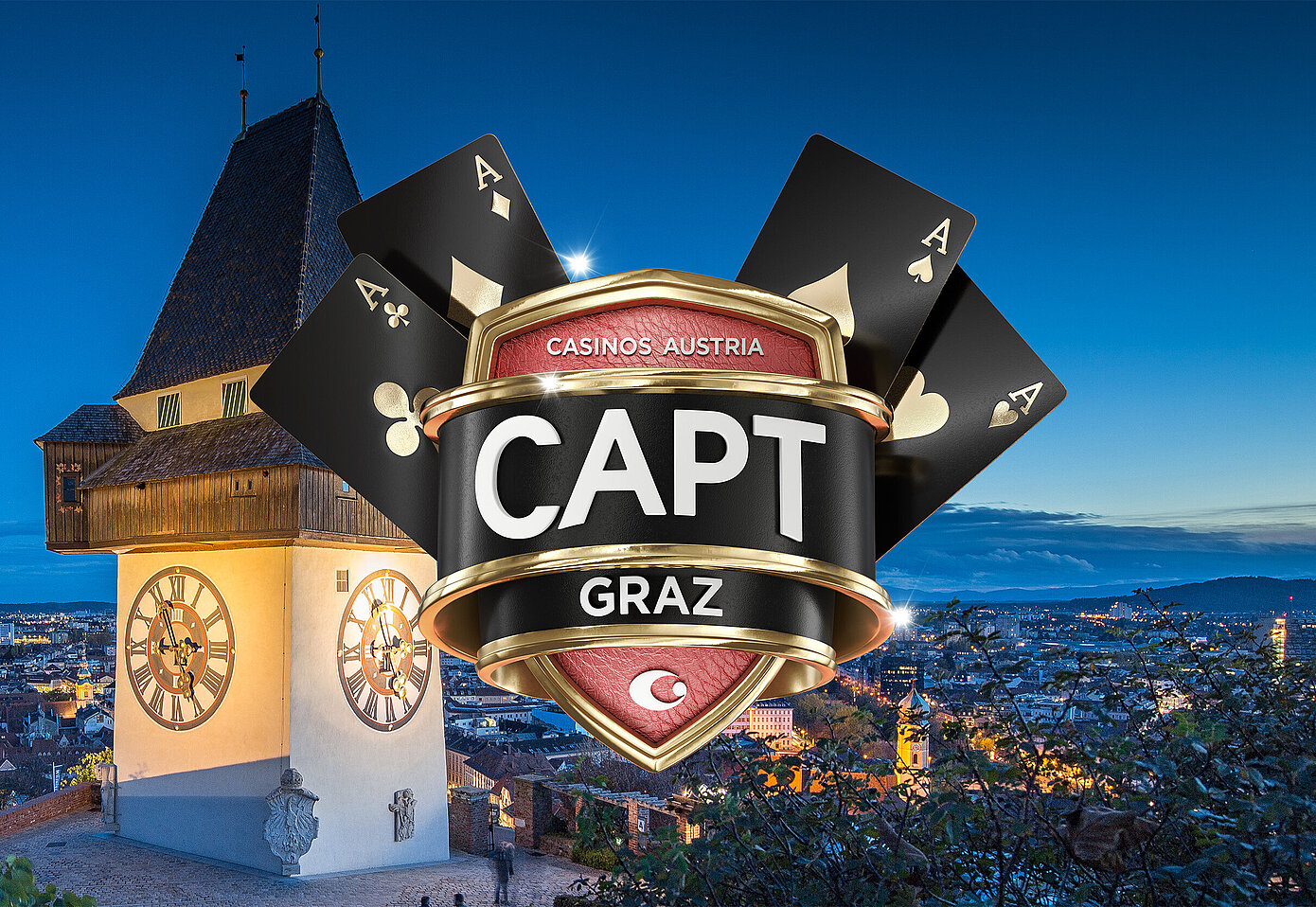 Casinos Austria Poker Tour Logo vor der Uhrturm in Graz