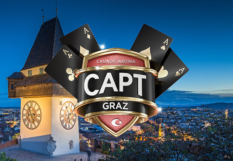 Casinos Austria Poker Tour Logo vor der Uhrturm in Graz