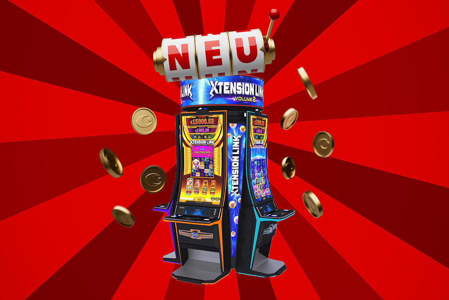 Spielautomat Xtension Link auf rotem Hintergrund