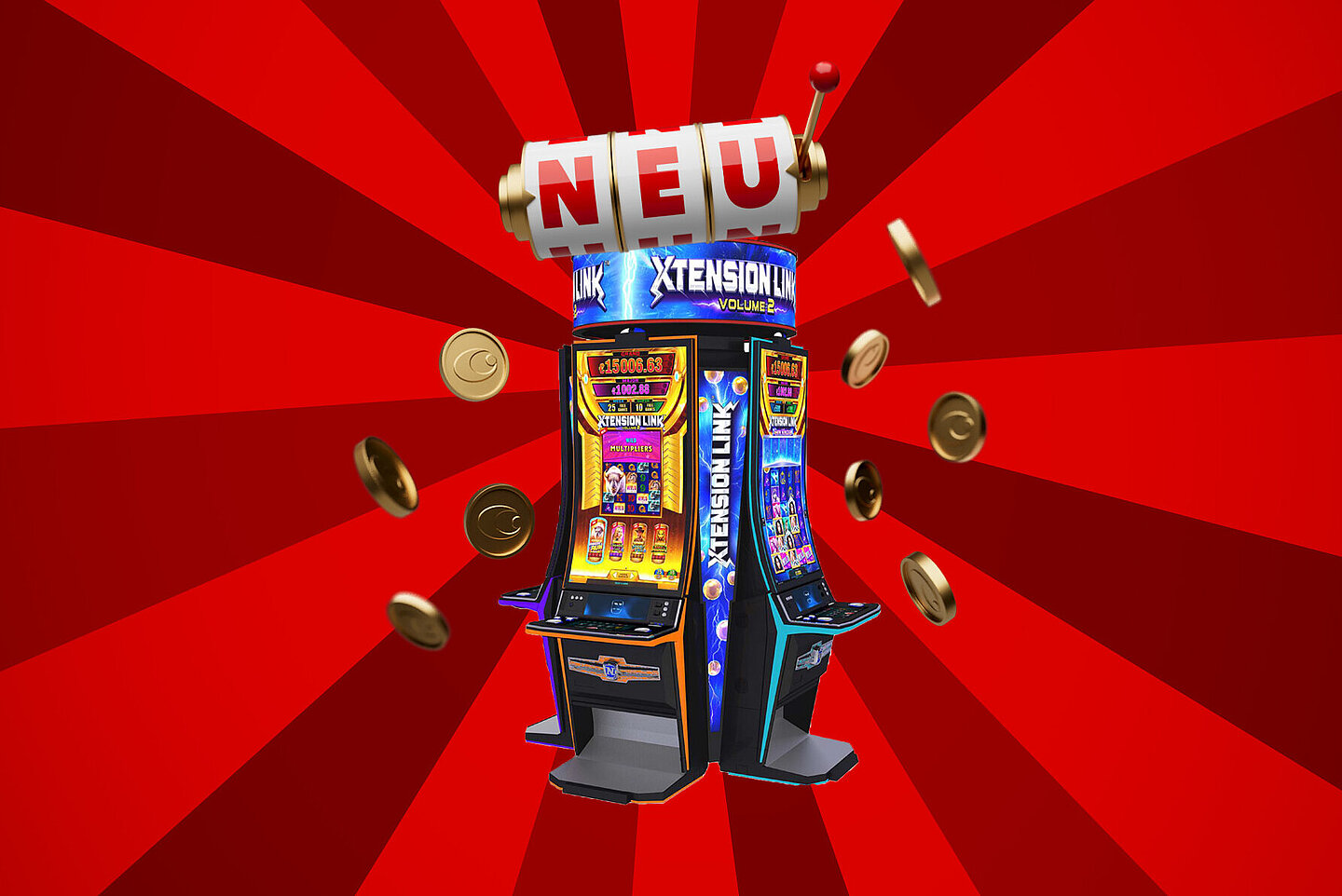 Spielautomat Xtension Link auf rotem Hintergrund