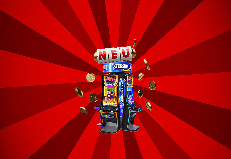 Spielautomat Xtension Link auf rotem Hintergrund