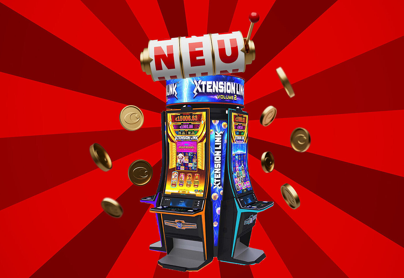 Spielautomat Xtension Link auf rotem Hintergrund