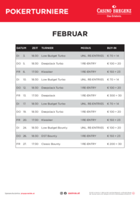 Casino Bregenz Turnierplan Februar 2026 