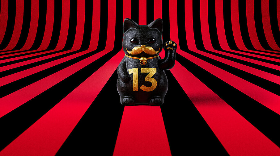 13er Glückskatze mit Blumen und Korb auf rot-schwarz-gestreiftem Hintergrund