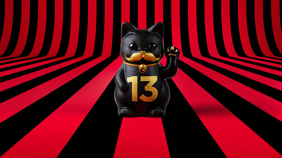 13er Glückskatze mit Blumen und Korb auf rot-schwarz-gestreiftem Hintergrund