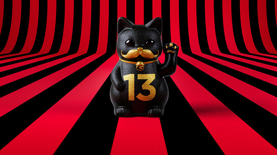 13er Glückskatze mit Blumen und Korb auf rot-schwarz-gestreiftem Hintergrund