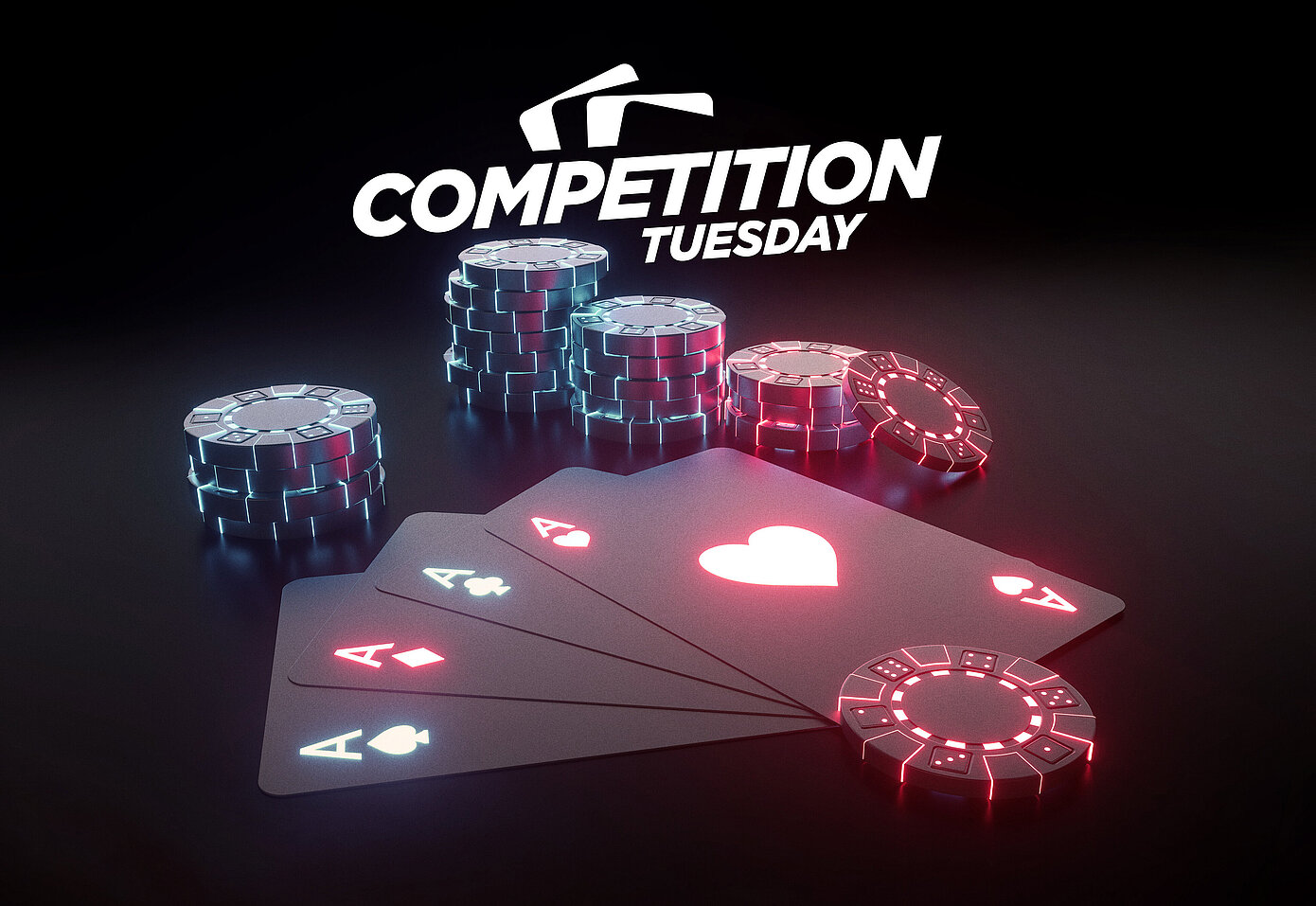 Competition Tuesday Schriftzug mit Poker-Karten und Jetons auf dunklem Hintergrund