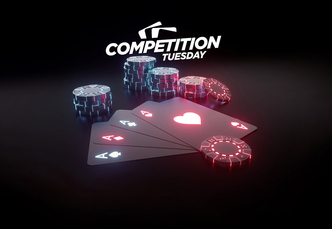 Competition Tuesday Schriftzug mit Poker-Karten und Jetons auf dunklem Hintergrund