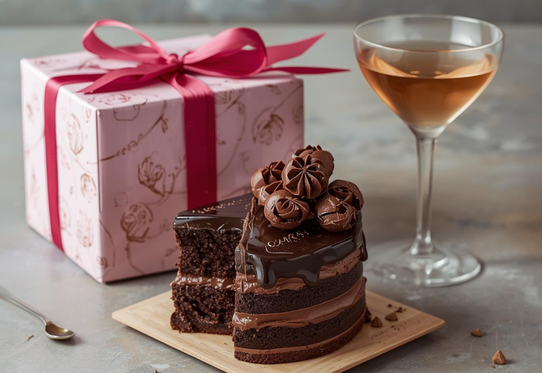 Schokotorte mit Geschenk und Glas Kir Royal