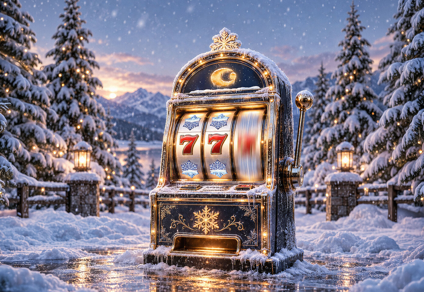 Ein goldener Spielautomat vor winterlichem Hintergrund