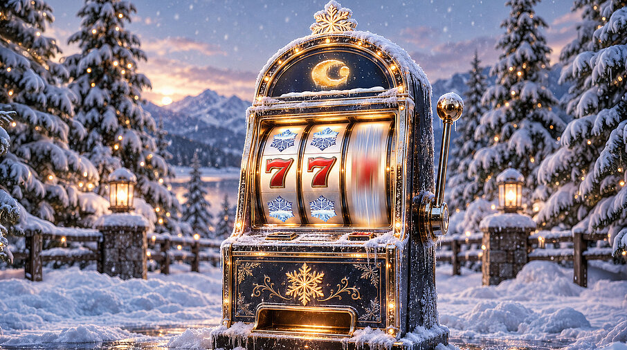 Ein goldener Spielautomat vor winterlichem Hintergrund