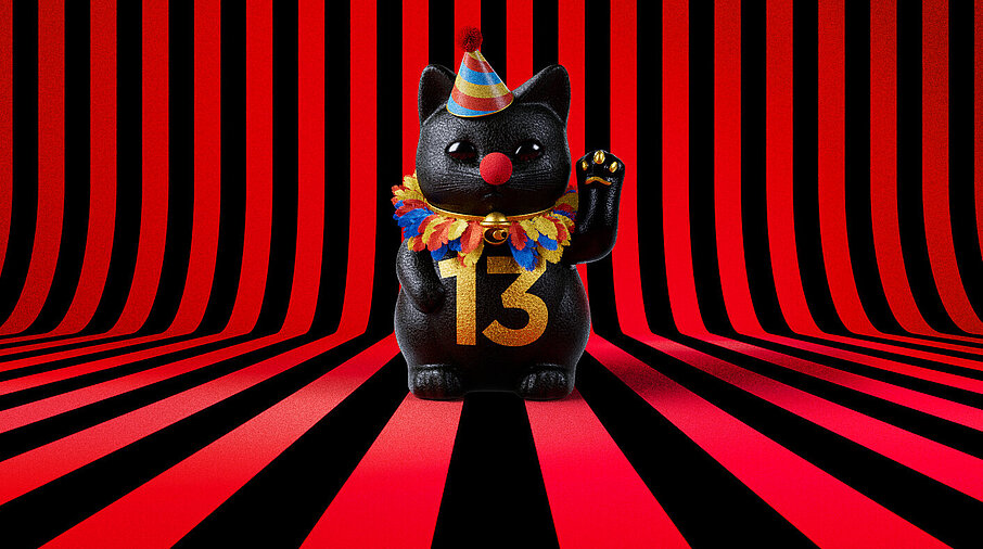 13er Glückskatze mit Faschings-Hut auf rot-schwarz-gestreiftem Hintergrund