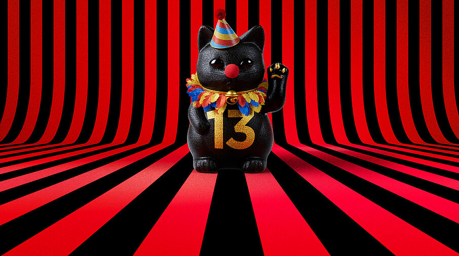 13er Glückskatze mit Faschings-Hut auf rot-schwarz-gestreiftem Hintergrund