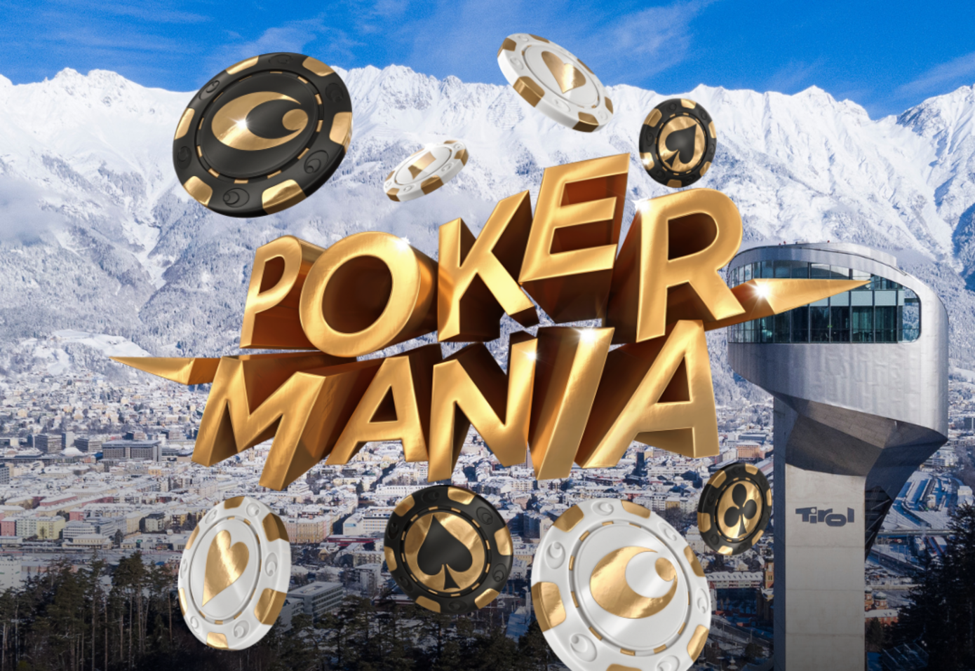 Poker Mania Logo mit goldenen Chips, im Hintergrund eine Berglandschaft