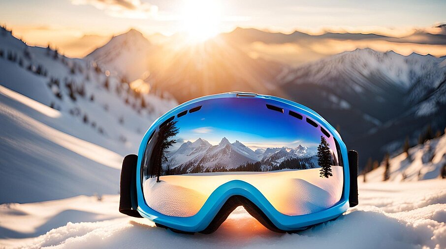 Skibrille auf Schnee mit Sonne