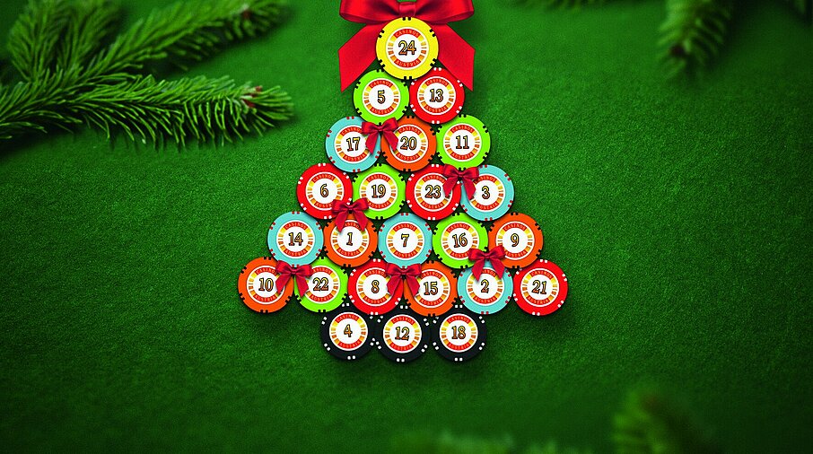 Tannenbaum mit Jetons und Tannenzweigen im Hintergrund