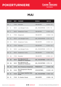 Casino Bregenz Turnierplan Mai 2026 
