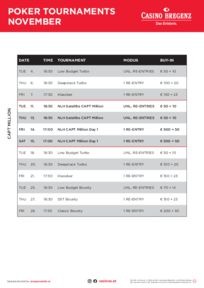 Poker Turnierplan November Casino Bregenz 2025 