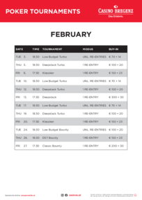 Turnierplan Casino Bregenz Februar 2026 Poker Englisch 
