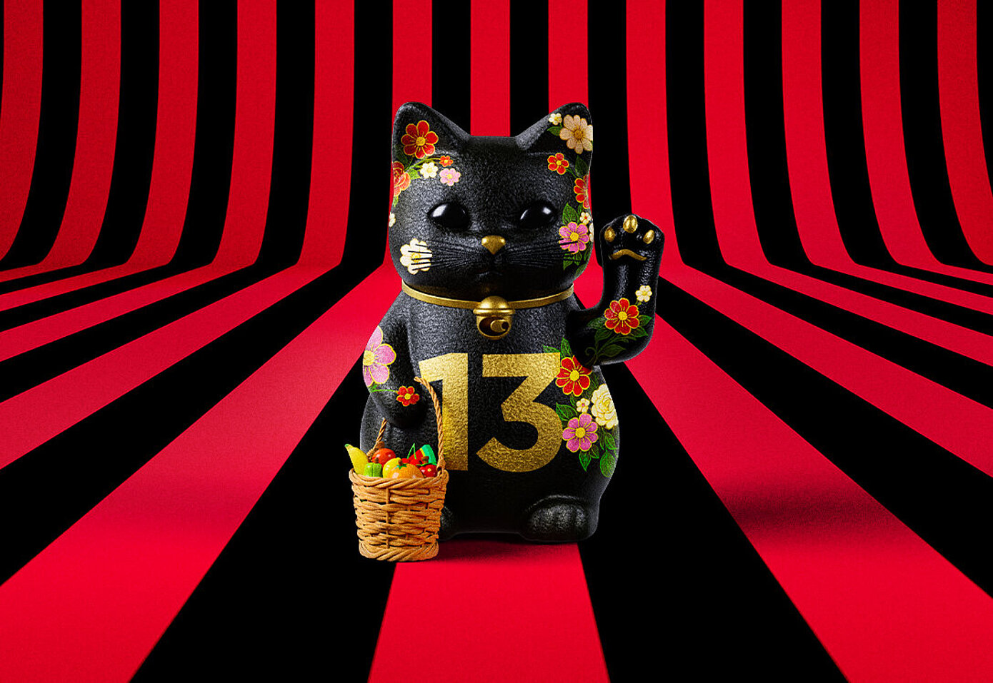 13er Glückskatze im Frühling mit Blumen und Obstkorb auf rot-schwarz-gestreiftem Hintergrund