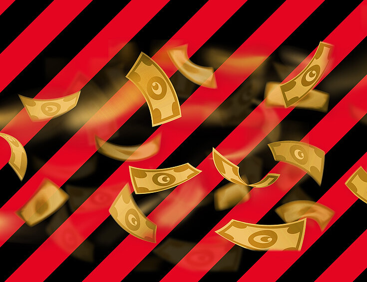 Casinos Austria Geldscheine auf rot-schwarzem Hintergrund