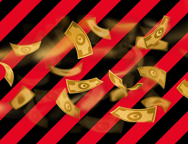 Casinos Austria Geldscheine auf rot-schwarzem Hintergrund