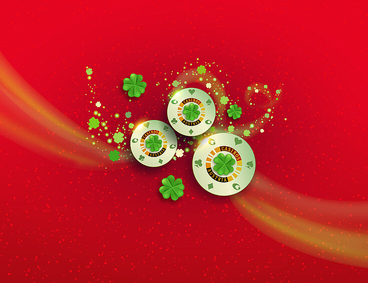 Casinos Austria und Shutterstock Tag des Glücks Kleeblatt-Jetons und Kleeblätter auf rotem Hintergrund
