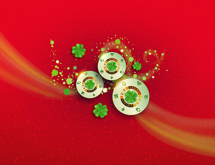 Casinos Austria und Shutterstock Tag des Glücks Kleeblatt-Jetons und Kleeblätter auf rotem Hintergrund