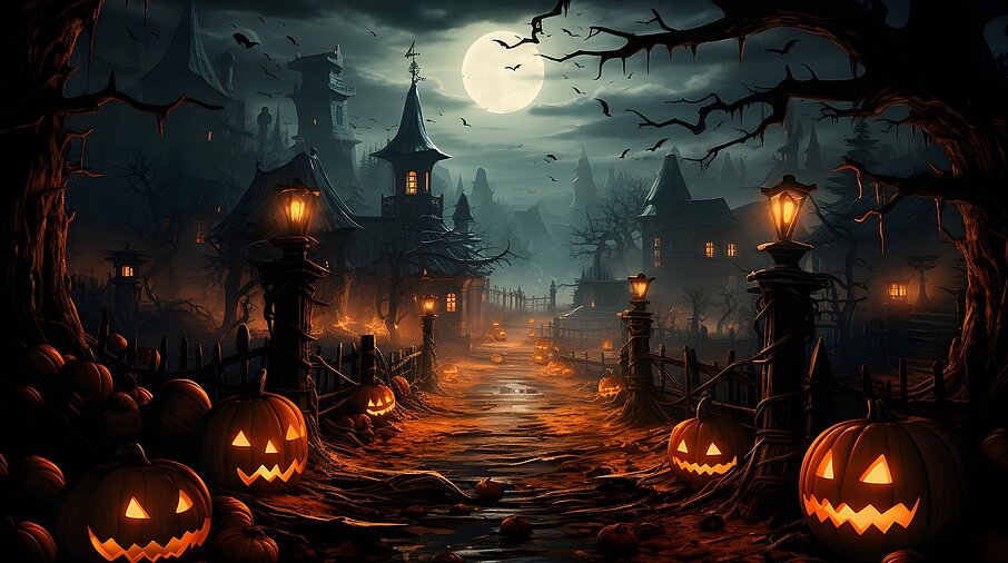 Halloween gruselig mit Kürbisen, Vollmond und Fledermäusen