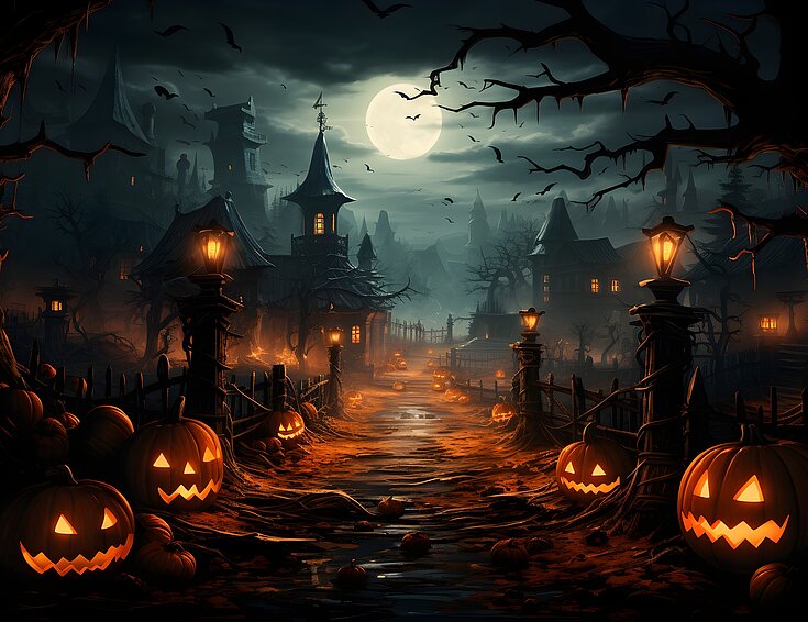designed by vector_corp - Freepik.com Halloween gruselig mit Kürbisen, Vollmond und Fledermäusen